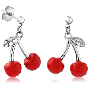 316L SURGICAL STEEL STUD EARRINGS WITH RED DOUBLE CHERRY CHARM DANGLE