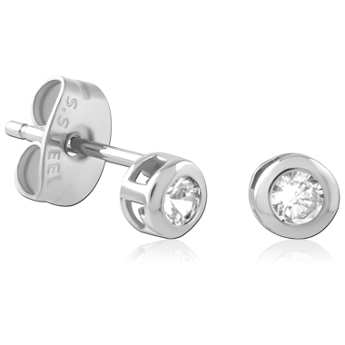 SURGICAL STEEL STUD EARRINGS PAIR BEZEL SET CLEAR ROUND GEMS