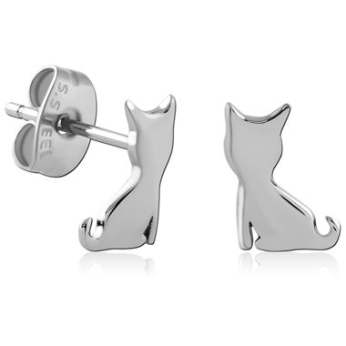 SURGICAL STEEL STUD EARRINGS PAIR POLISHED CAT SILHOUETTE DESIGN