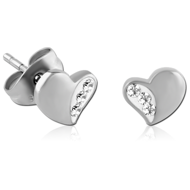 STERILE SURGICAL STEEL CRYSTALINE JEWELED EAR STUDS PAIR - HEART