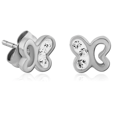 STERILE SURGICAL STEEL CRYSTALINE JEWELED EAR STUDS PAIR - BUTTERFLY