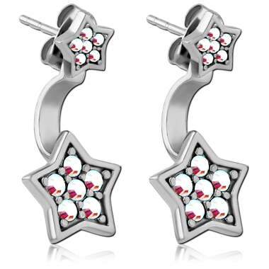 STERILE SURGICAL STEEL JEWELED BACK EARRINGS WITH STUD PAIR - STAR