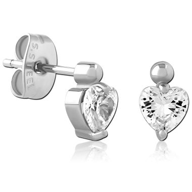 316L SURGICAL STEEL STUD EARRINGS WITH HEART GEM CHARM DANGLE