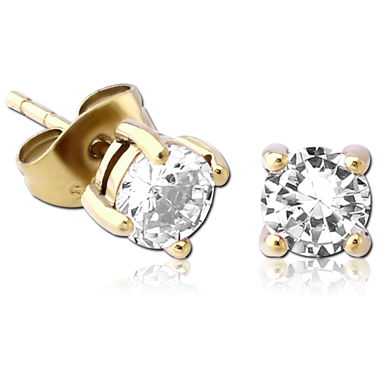 STERILE ZIRCON GOLD PVD COATED SURGICAL STEEL JEWELED EAR STUDS PAIR