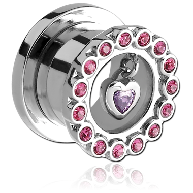 STAINLESS STEEL JEWELED THREADED TUNNEL WITH HEART CHARM