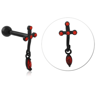 316L BLACK PVD COATED SURGICAL STEEL BARBELL RED GEM WITH CROSS AND MARQUISE CHARMS