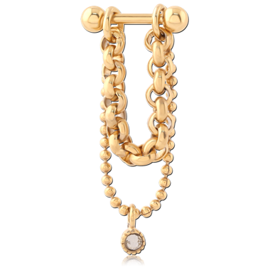 GOLD PVD 18K COATED SURGICAL STEEL BARBELL WITH LAYERED CHAINS AND GEM CHARM