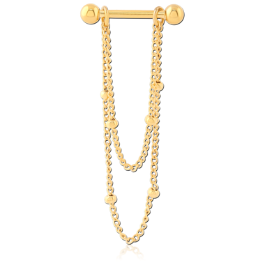 GOLD PVD COATED SURGICAL STEEL BARBELL DOUBLE CHAIN DRAPES WITH BEAD STATION ACCENTS