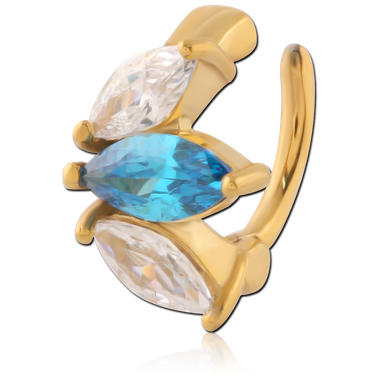 316L GOLD PVD COATED SURGICAL STEEL HINGED ROOK CLICKER TRIPLE MARQUISE GEMS CLEAR AND BLUE