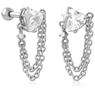 316L SURGICAL STEEL TRAGUS BARBELL HEART GEM WITH STAR AND DOUBLE CHAIN CHARMS