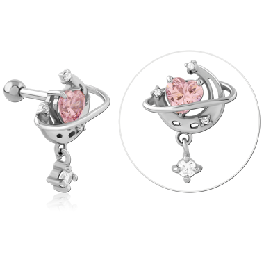 316L SURGICAL STEEL TRAGUS BARBELL PINK HEART GEM PLANET WITH DANGLE CHARM
