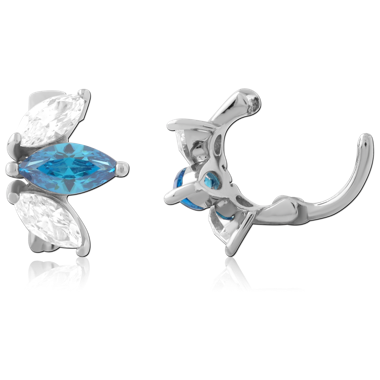 316L SURGICAL STEEL HINGED ROOK CLICKER TRIPLE MARQUISE GEMS CLEAR AND BLUE