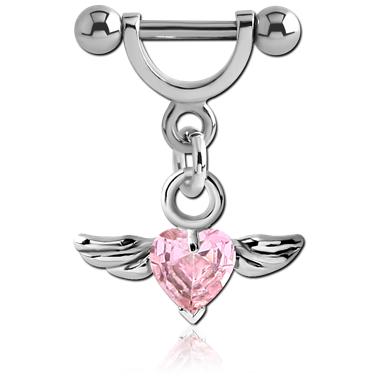 STERILE SURGICAL STEEL HELIX SHIELD WITH RHODIUM PLATED JEWELED WING HEART CHARM