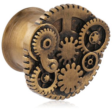 316L STAINLESS STEEL DOUBLE FLARED TUNNEL WITH STEAMPUNK GEAR FACE PLATE